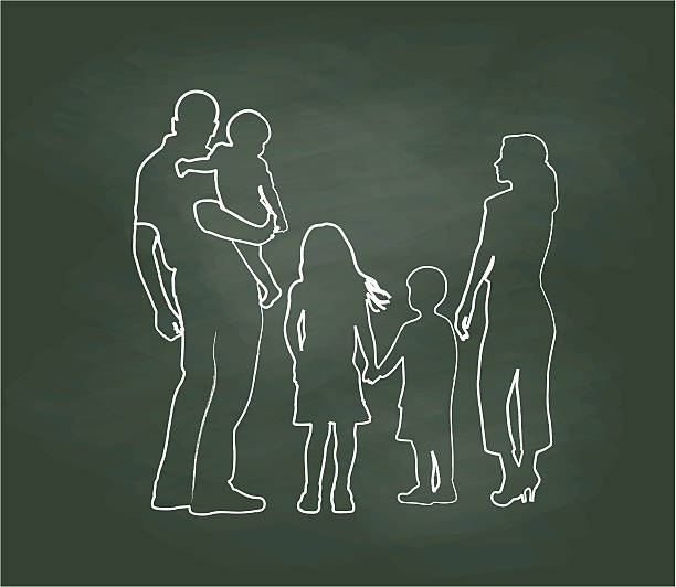 ilustrações de stock, clip art, desenhos animados e ícones de chalkboard family pose vector illustration - child chalking