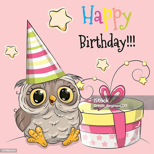 Greeting Card Cute Owl With Gift Stock Illustration - Download Image Now - Owl, Animal, Animal Themes