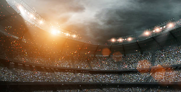 стадион свет 3d рендеринга - забить гол иллюстрации стоковые фото и изображения