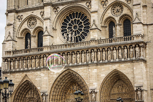 노트르담 드 파리 앞에 떠있는 비누 거품 - rose window ile de la cite paris france notre dame 뉴스 사진 이미지