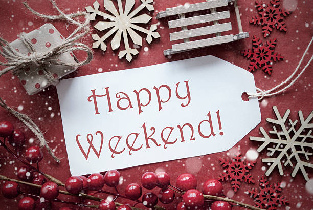istock Nostalgic Christmas Decoration, Label With Text Happy Weekend 617871448