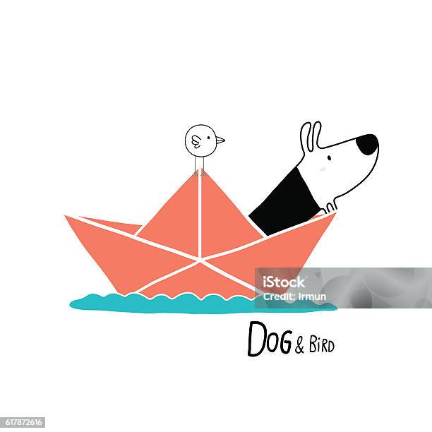 Dog Bird In A Paper Boat Stock Illustration - Download Image Now - Paper Boat, Cartoon, Nautical Vessel