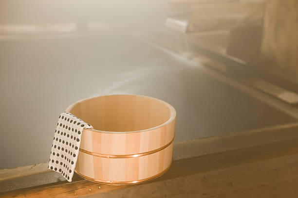 Water tub with Japanese towel in hot spring