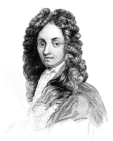 An engraved vintage illustration portrait image of Sir Christopher Wren from a Victorian book dated 1847 that is no longer in copyright