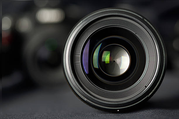 photo lens front view on blurred camera - ideas concepts aperture black imagens e fotografias de stock