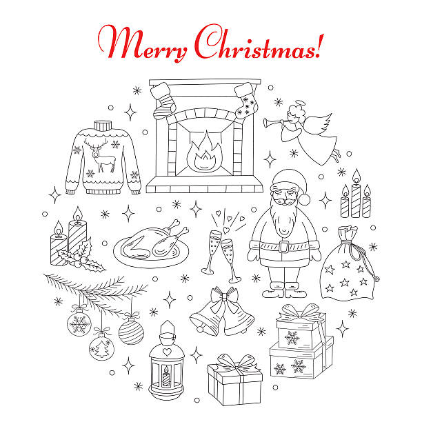 ilustrações de stock, clip art, desenhos animados e ícones de christmas and new year holiday line icons set. - sweater cardigan isolated white background