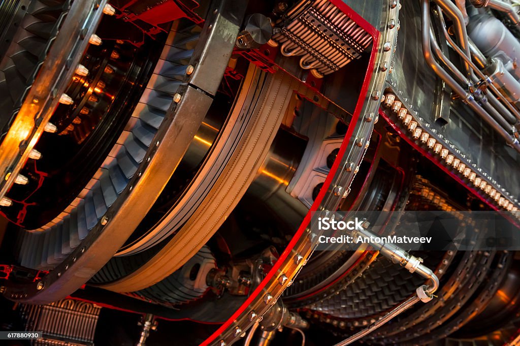 Jet engine detai Jet engine, internal structure with hydraulic, fuel pipes and other hardware and equipment, aviation, aircraft and aerospace industry  Aerospace Industry Stock Photo