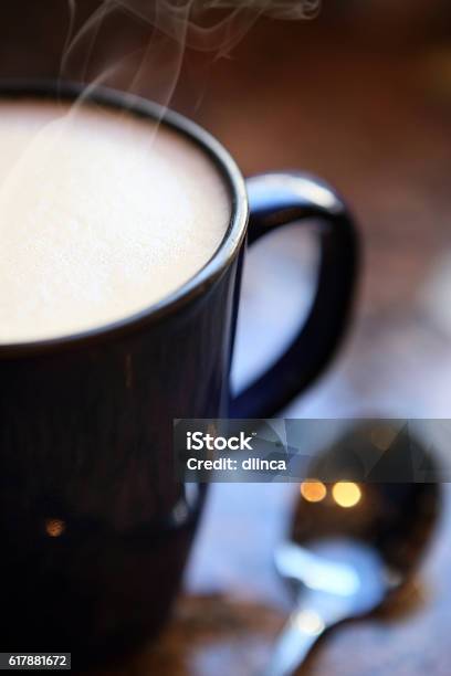 Hot Mug Of Cappuccino With Spoon Close Up Stock Photo - Download Image Now - Milk, Heat - Temperature, Night