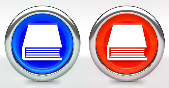 Book Icon on Button with Metallic Rim. The icon comes in two versions blue and red and has a shiny metallic rim. The buttons have a slight shadow and are on a white background. The modern look of the buttons is very clean and will work perfectly for websites and mobile aps.