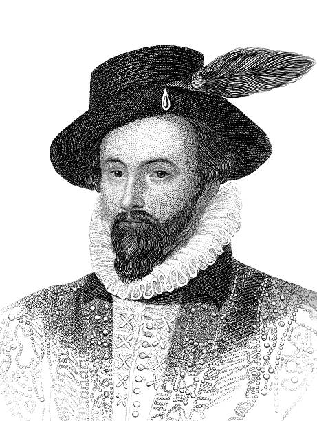 Sir Walter Raleigh An engraved vintage illustration portrait image of Sir Walter Raleigh from a Victorian book dated 1847 that is no longer in copyright neck ruff stock pictures, royalty-free photos & images