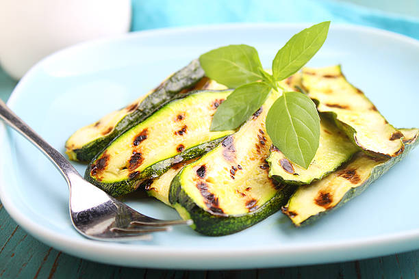 istock zucchini grilled on a blue plate with basil, selective focus. 617885598