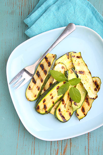 istock zucchini grilled on a blue plate with basil, selective focus. 617885762