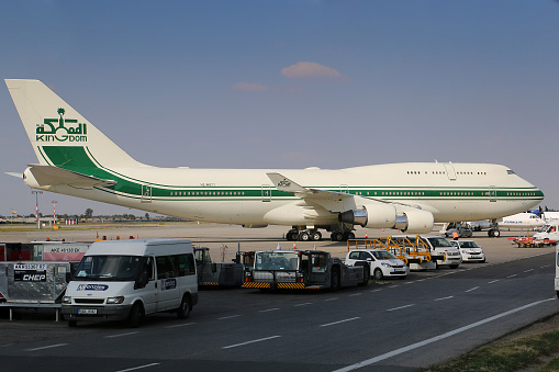 Prague, Czech Republic -August 03,2015: Kingdom Holding Boeing 747-400 waiting for departure from PRG Airport on August 03, 2015. The Kingdom Holding Company is a Saudi conglomerate holding company based in Riyadh.