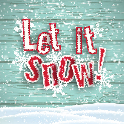 Let it snow, red text on blue wooden background with 3d effect and snowflakes, vector illustration, eps 10 with transparency and gradient meshes