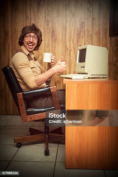 Exited Computer Dorky Nerd Worker At Desk Stock Photo - Download Image Now - Humor, Computer, Retro Style