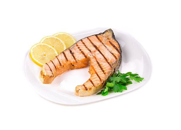 istock Grilled steak of salmon on plate. 617888422