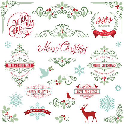 Ornate Christmas frames and swirl elements with Merry Christmas quotes, snowflakes, dove and bird.