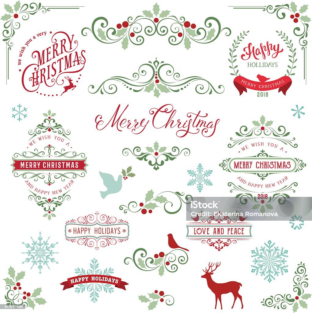 Ornate Holly Christmas Collection Ornate Christmas frames and swirl elements with Merry Christmas quotes, snowflakes, dove and bird. Christmas stock vector