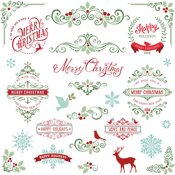 Ornate Holly Christmas Collection Ornate Christmas frames and swirl elements with Merry Christmas quotes, snowflakes, dove and bird. retro and vintage frames stock illustrations