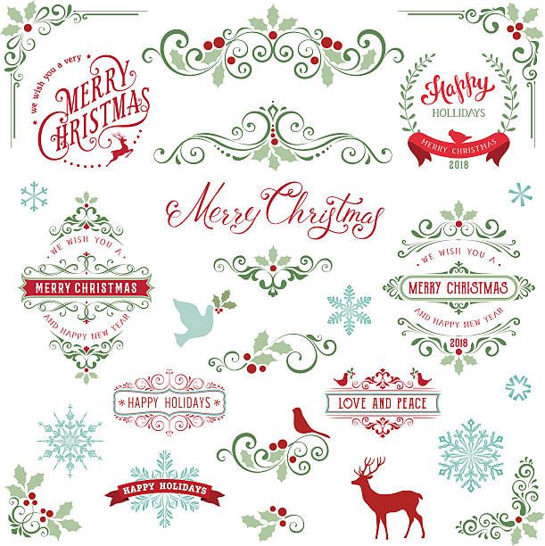 Ornate Holly Christmas Collection Ornate Christmas frames and swirl elements with Merry Christmas quotes, snowflakes, dove and bird. winterberry holly stock illustrations