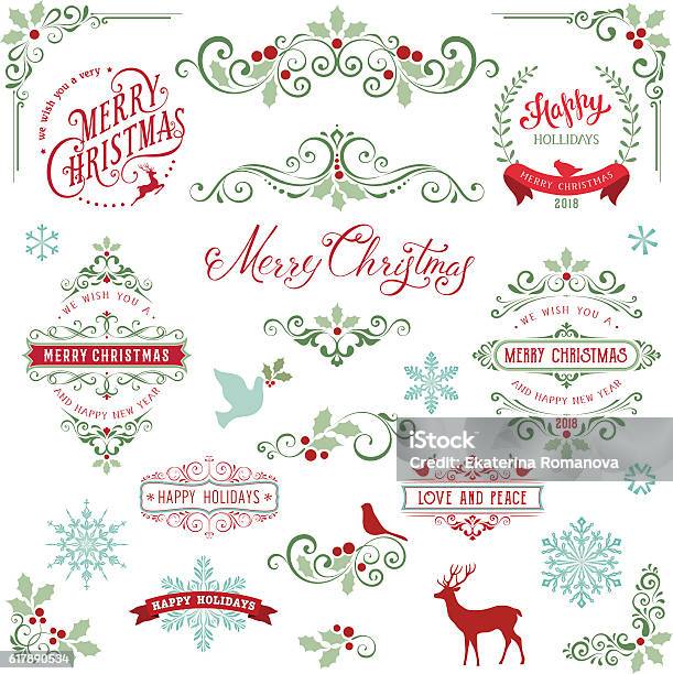 Ornate Holly Christmas Collection Stock Illustration - Download Image Now - Christmas, Border - Frame, Old-fashioned