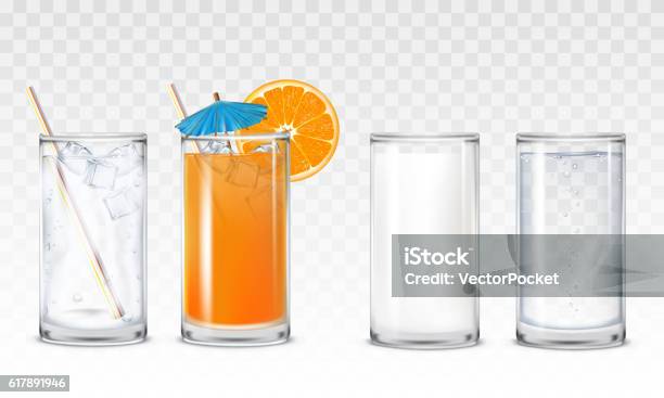 Set Icons Glasses With Water Juice And Milk Stock Illustration - Download Image Now - Water, Glass - Material, Cup