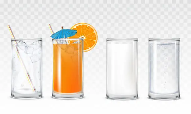 Vector illustration of Set icons glasses with water, juice and milk
