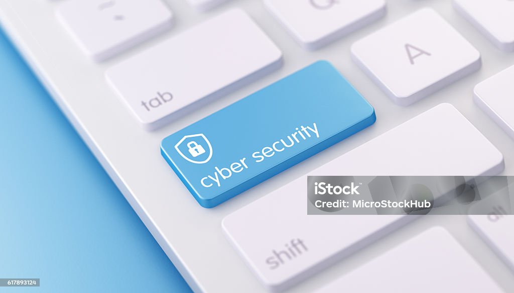 Modern Keyboard wih Blue Cyber Security Button High quality 3d render of a modern keyboard with blue cyber security button on a blue background and copy space. The blue cyber security keyboard button has a text and an icon on it. The cyber security keyboard button is  in focus, Computer Crime Stock Photo