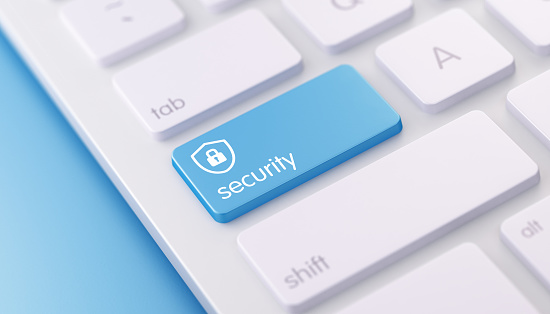 High quality 3d render of a modern keyboard with blue security button on a blue background and copy space.. The blue security keyboard button has a text and an icon on it. The security keyboard button is  in focus,