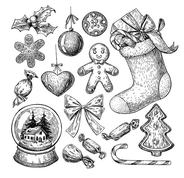 ilustraciones, imágenes clip art, dibujos animados e iconos de stock de conjunto de objetos navideños. ilustración vectorial dibujada a mano. iconos de navidad - engraving old fashioned cake food