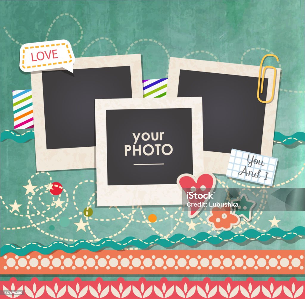 Vector template photo frame Vintage hipster retro stile. Decorative vector template frame. These photo frame can be use for kids picture or memories. Scrapbook design concept. Inset your picture. Photographic Print stock vector