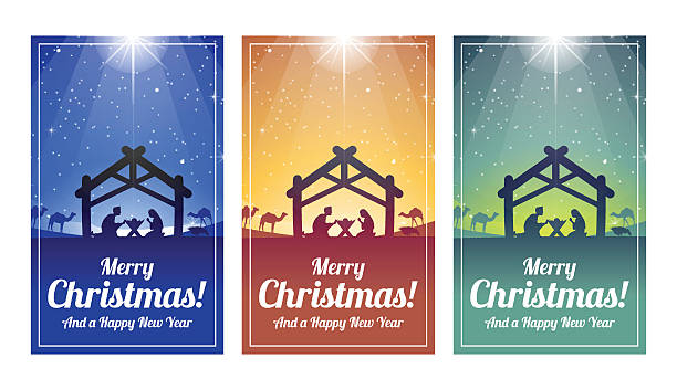 Nativity Scene Christmas Cards A set of Christmas Card with a Nativity Scene in Blue, Orange and Green. jesus christ birth stock illustrations