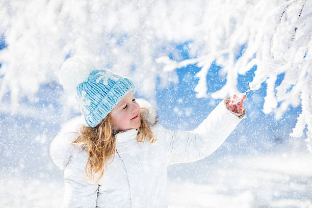 Child in white jacket with fur hood and blue knitted snowflake hat playing in snowy forest on sunny winter day. Toddler kid girl having fun outdoors during Christmas vacation. Kids play in snow.