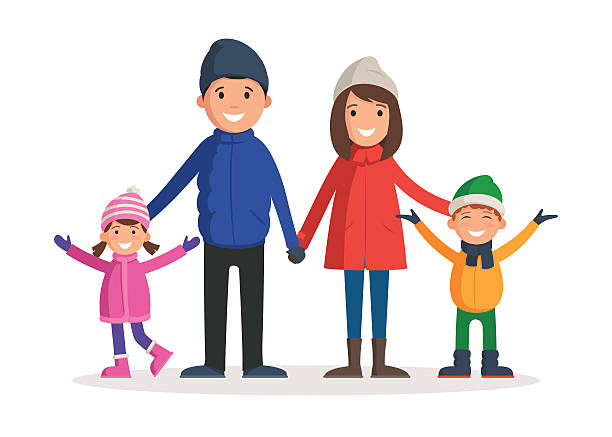 Family in winter clothes vector art illustration