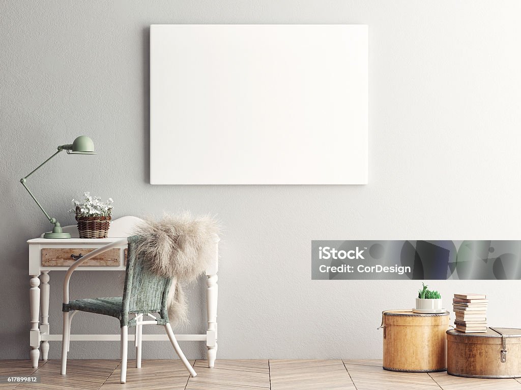 Mock up blank poster on the wall of  living room Mock up blank poster on the wall of  living room, 3D rendering Cool Attitude Stock Photo