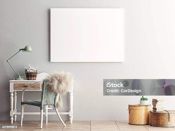 Mock Up Blank Poster On The Wall Of Living Room Stock Photo - Download Image Now - Cool Attitude, Apartment, Wall - Building Feature