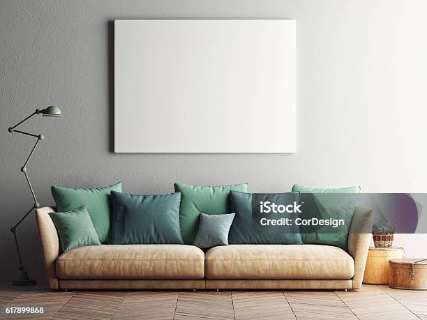 Mock Up Poster With Vintage Hipster Loft Interior Background Stock Photo - Download Image Now