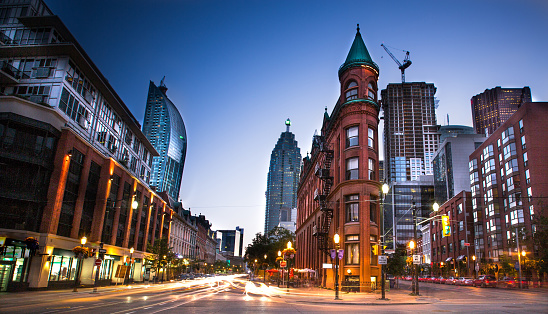 Downtown Toronto, Ontario facing West along Front street.   Long exposure at dusk.