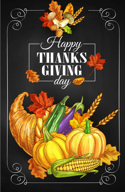 추수감사절 휴일 인사말 포스터 - cornucopia november pumpkin leaf stock illustrations