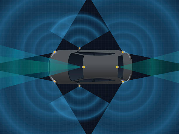 ilustrações de stock, clip art, desenhos animados e ícones de remote sensing system of vehicle. various cameras and sensors - multiple lane highway