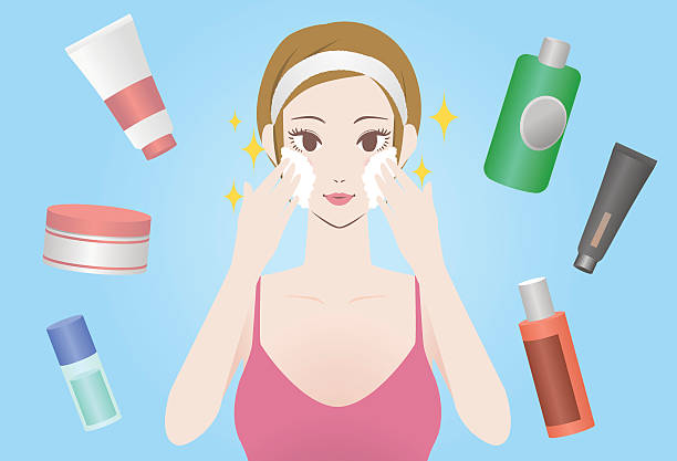 young woman using cleansing soap and various cosmetics young woman using cleansing soap and various cosmetics, before after image illustration botox bottle stock illustrations