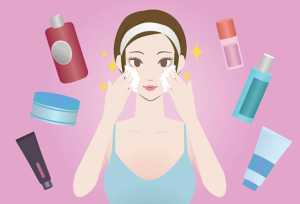 young woman using cleansing soap and various cosmetics young woman using cleansing soap and various cosmetics, before after image illustration botox bottle stock illustrations