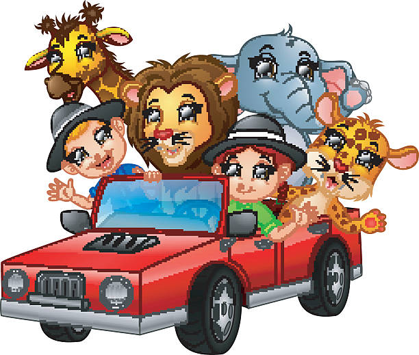 illustrations, cliparts, dessins animés et icônes de enfants de dessins animés conduisant une voiture rouge avec des animaux sauvages - vector elephant isolated on red female animal