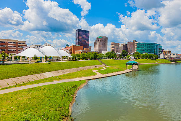 Downtown Dayton skyline, Ohio Downtown Dayton skyline with Miami River, Ohio dayton ohio skyline stock pictures, royalty-free photos & images