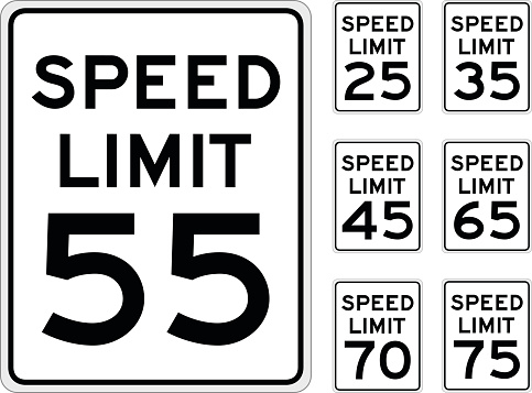 Vector illustration of a United States speed limit road sign, in a variety of speeds. Illustration uses no gradients, meshes or blends, only solid color. AI10-compatible .eps format and a high-res .jpg are included.