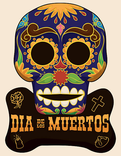 Traditional Skull with Floral Design for "Dia de Muertos" Celebration Poster with traditional skull with floral design and sign with iconic elements of Mexican celebration "Day of the Dead" ("Dia de Muertos" in Spanish) cartoon of painted skull faces stock illustrations