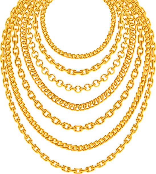 золотая металлическая цепь ожерелья вектор набор - necklace chain gold jewelry stock illustrations