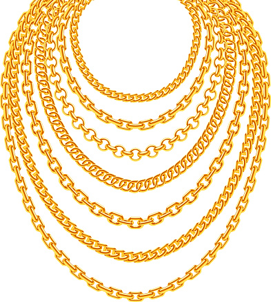 Golden metallic chain necklaces vector set. Gold fashion luxury decoration illustration