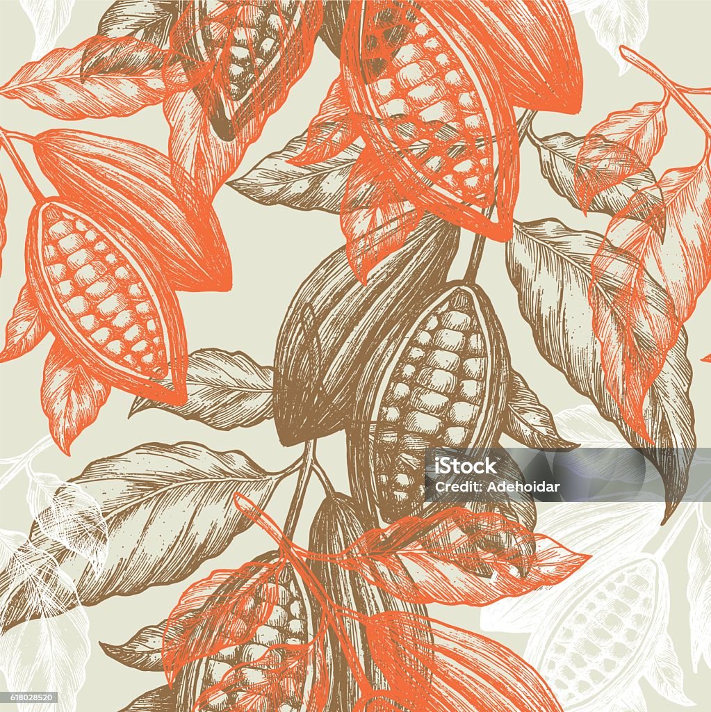 Cocoa beans seamless pattern. Cocoa tree illustration. Chocolate cocoa beans. - 免版稅熱朱古力圖庫向量圖形