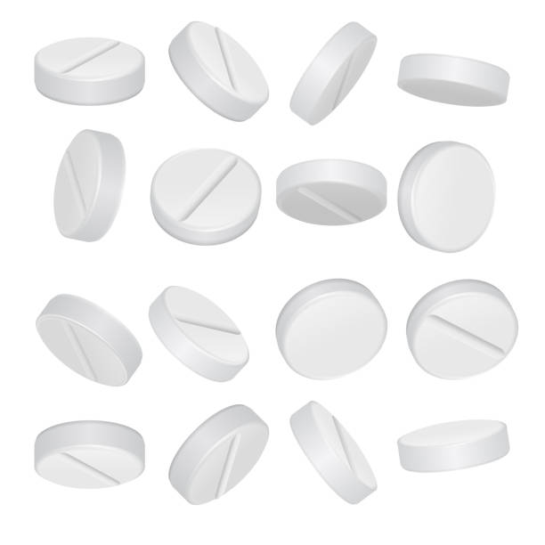 정제, 알 약, 흰색 벡터에 고립 된 다른 위치에 있는 약물 - capsule pill white nutritional supplement stock illustrations
